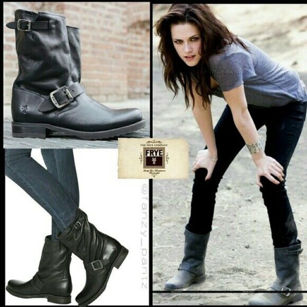 Frye Black Leather Moto Combat Boots with Buckle Strap